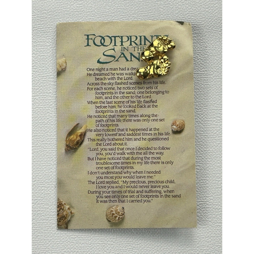 Vintage Footprints In The Sand Lapel Pin Gold Tone Christian Faith